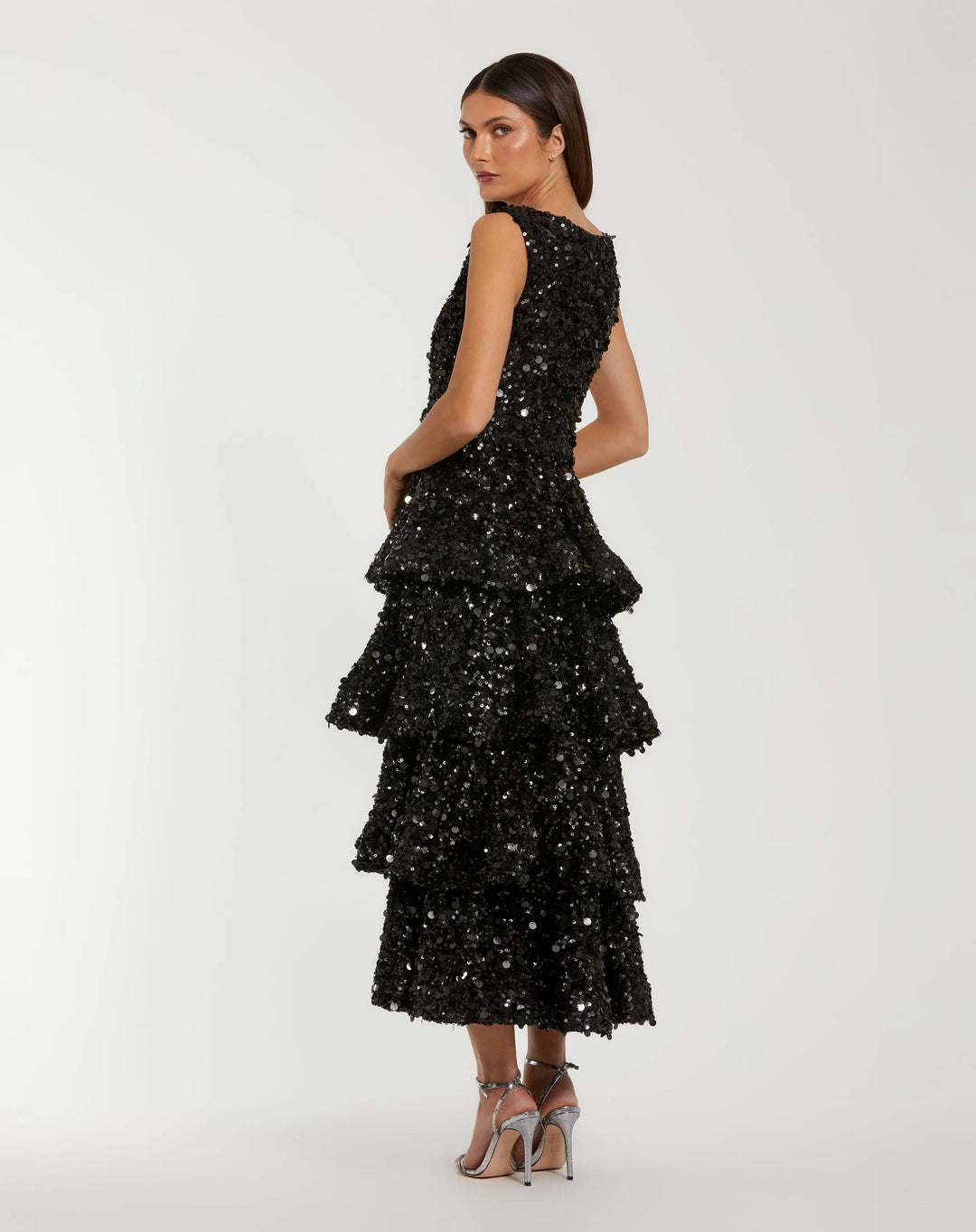 Mac Duggal 27733 Sequin Ruffle Midi Dress with Belt
