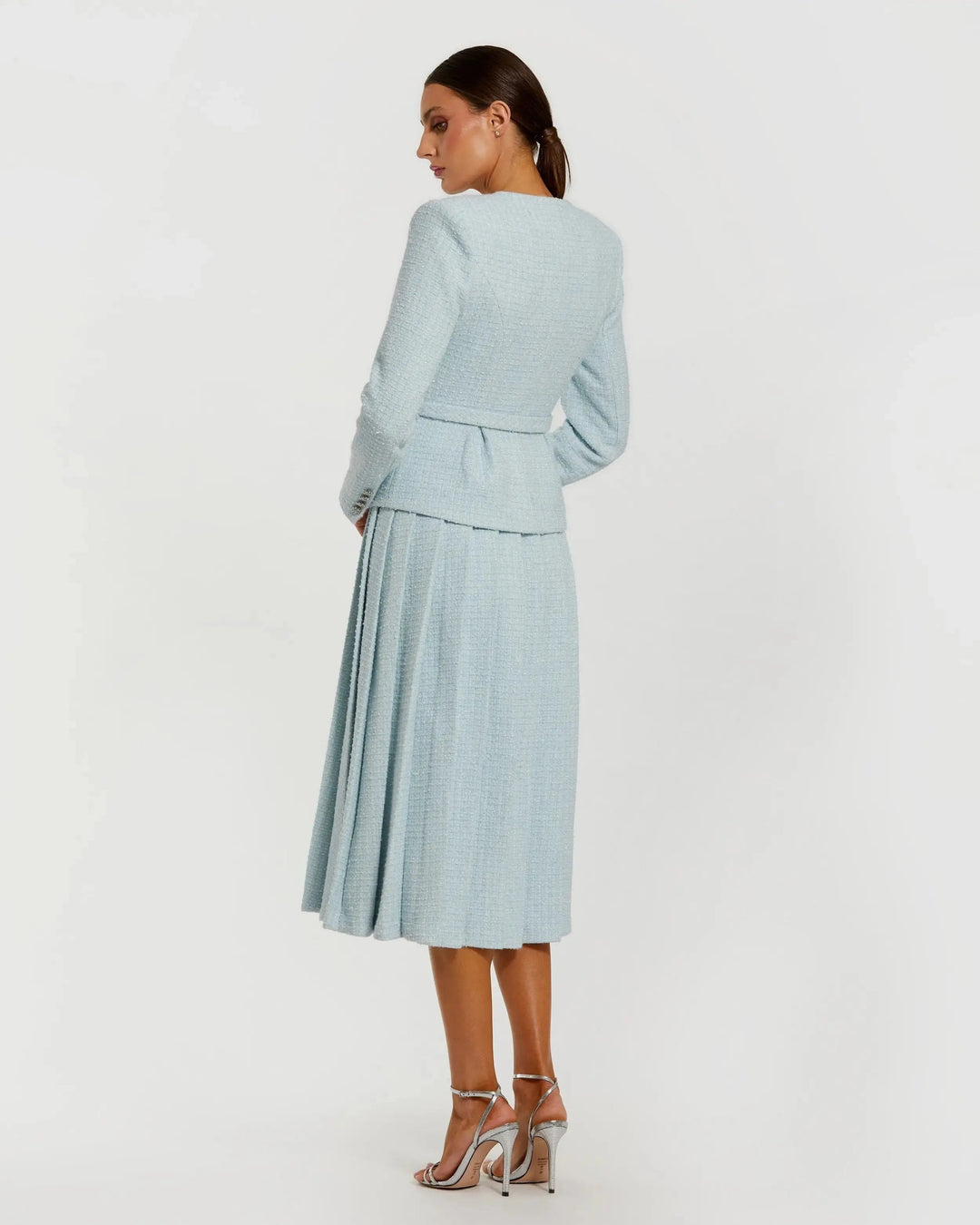 Mac Duggal 27751 Boucle Long Sleeve V Neck Midi Dress With Buttons