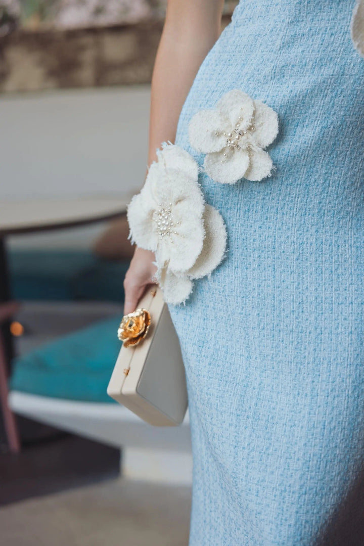 Blue Boucle Strapless 3D Floral Midi Dress - FOSTANI.com