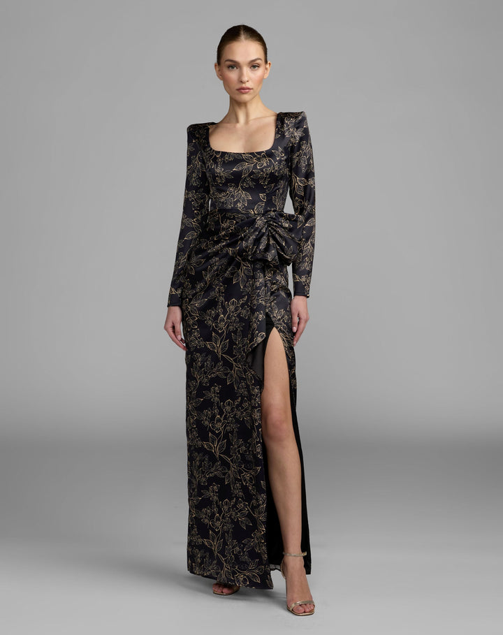 Mac Duggal 27851 Floral Printed Long Sleeve Gown With Bow