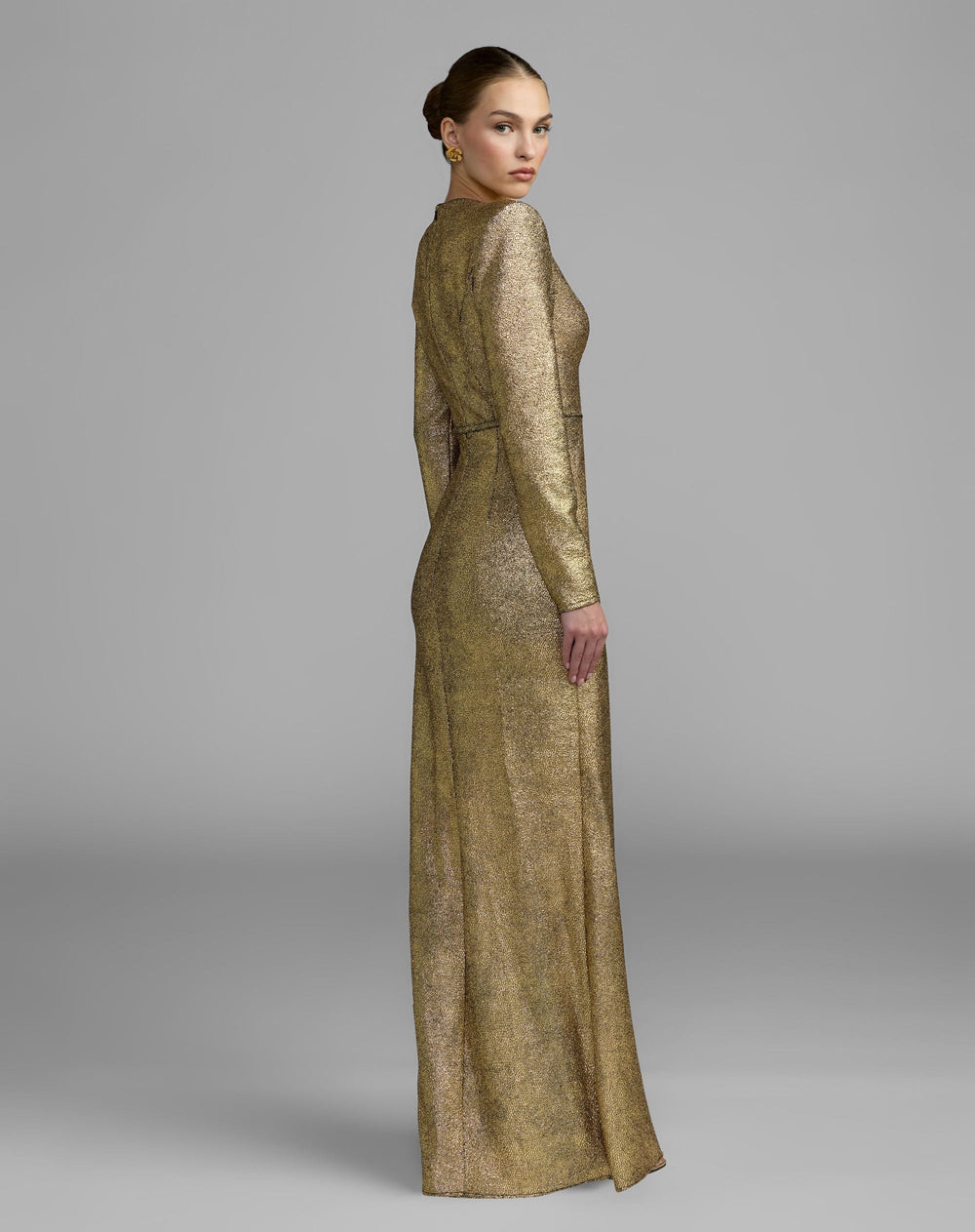 Mac Duggal 27853 Metallic Long Sleeve Structured Bow Draped Gown