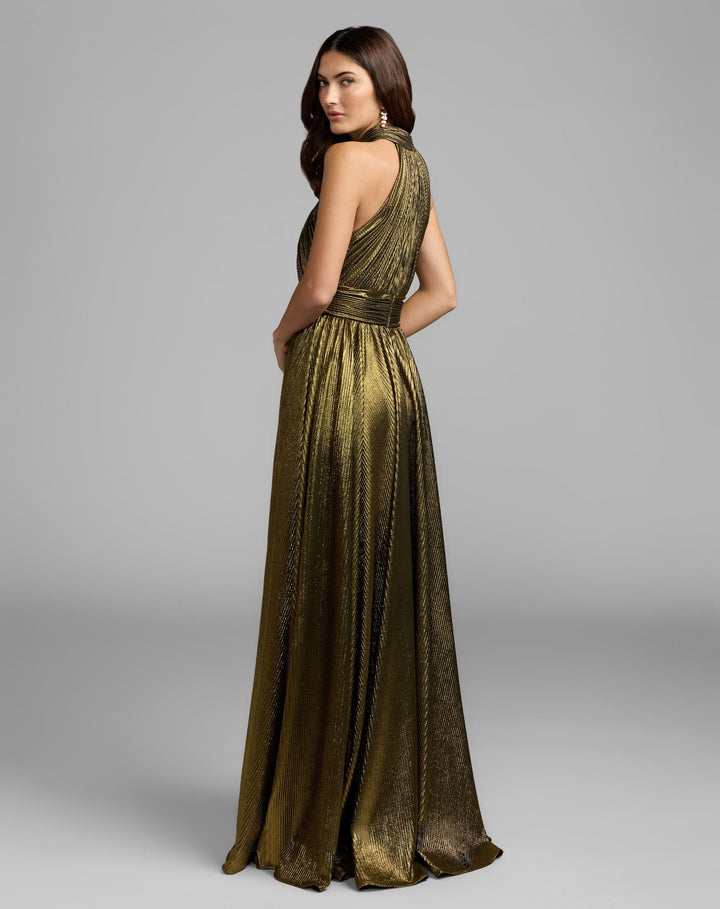 Mac Duggal 27857 Metallic Pleated Mock Neck Gown