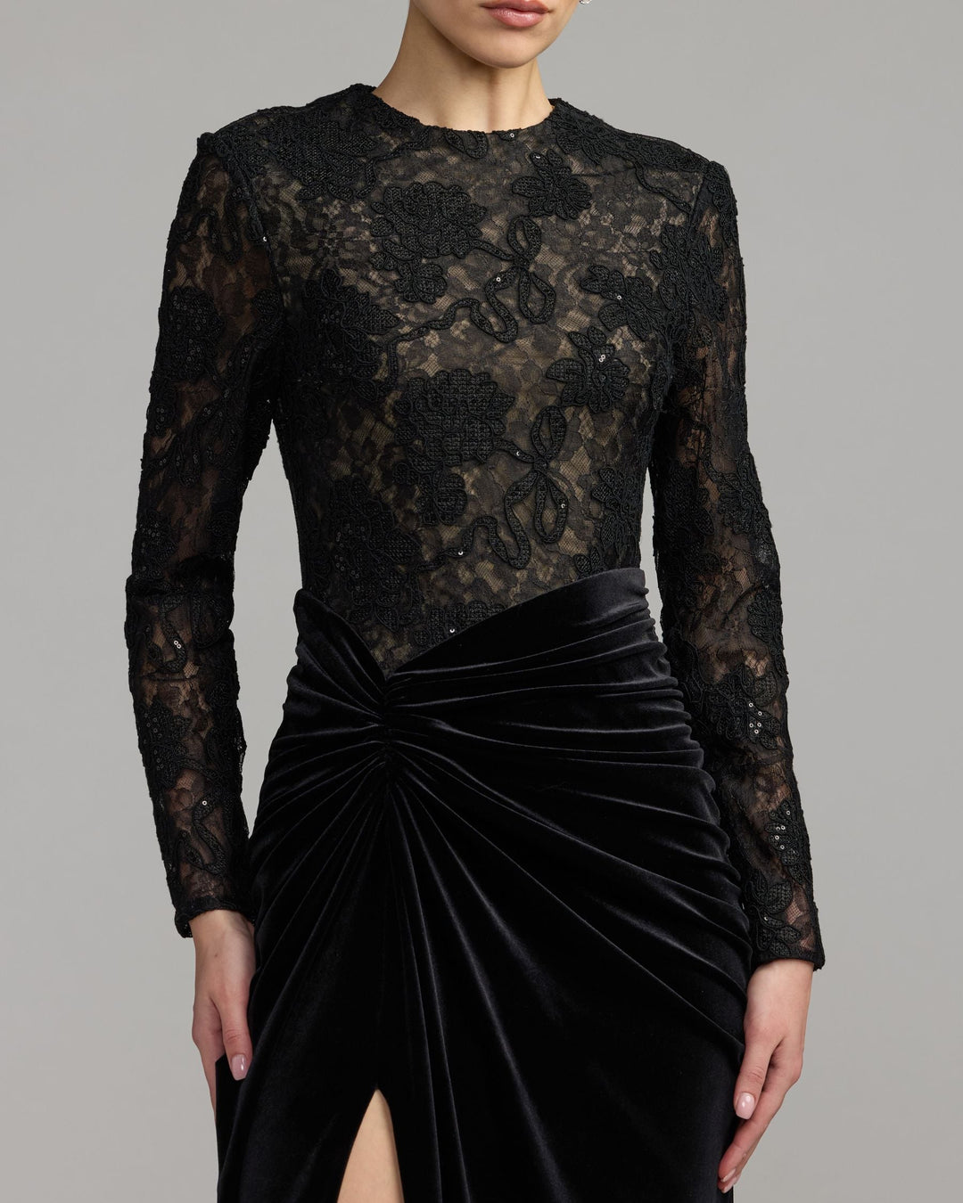 Mac Duggal 27875 Embroidered Lace Velvet Long Sleeve Gown