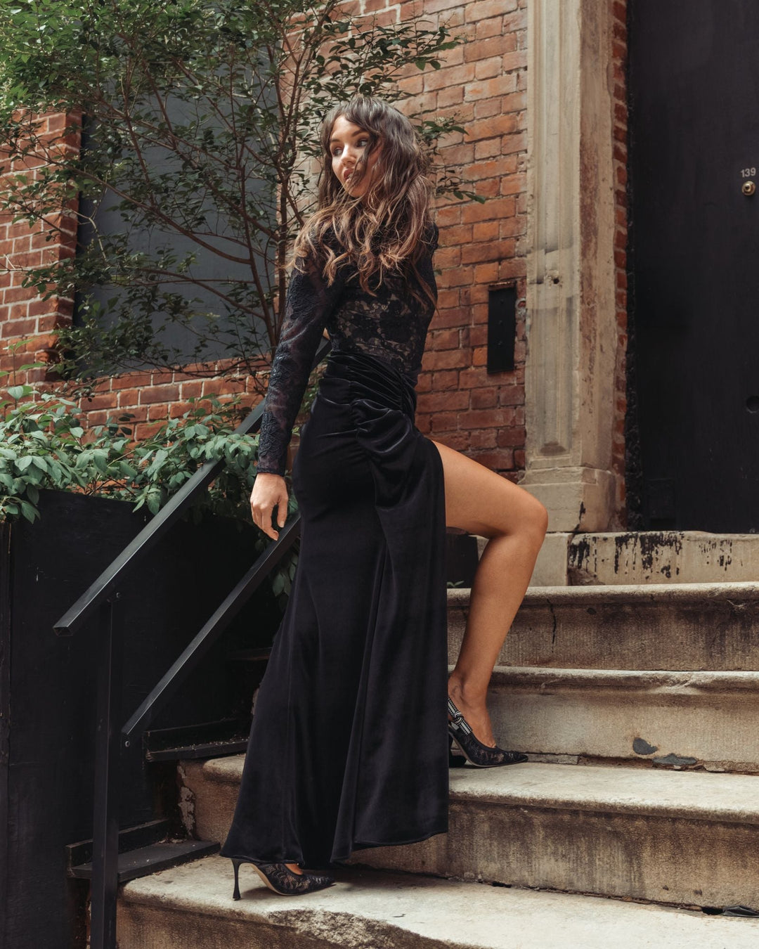 Mac Duggal 27875 Embroidered Lace Velvet Long Sleeve Gown