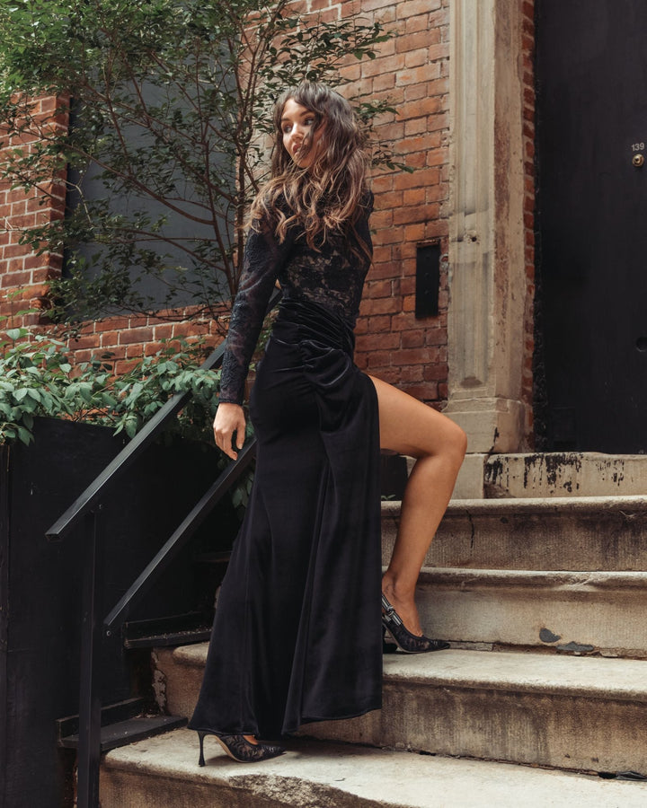 Mac Duggal 27875 Embroidered Lace Velvet Long Sleeve Gown