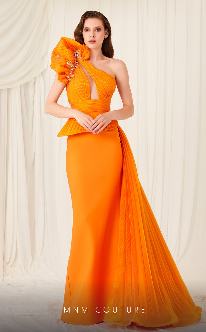 Fouad Sarkis 2799A one-shoulder pleated peplum column gown front view
