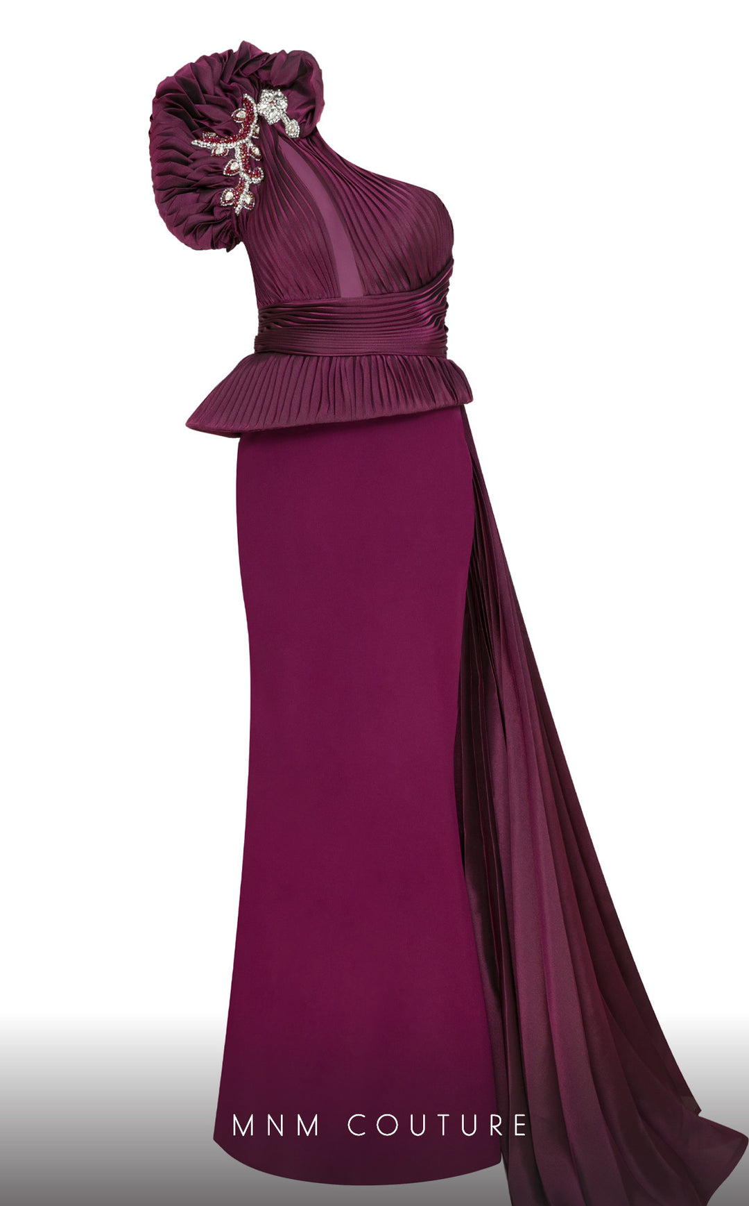 Fouad Sarkis 2799A one-shoulder pleated peplum column gown front view in a second alternate colorway