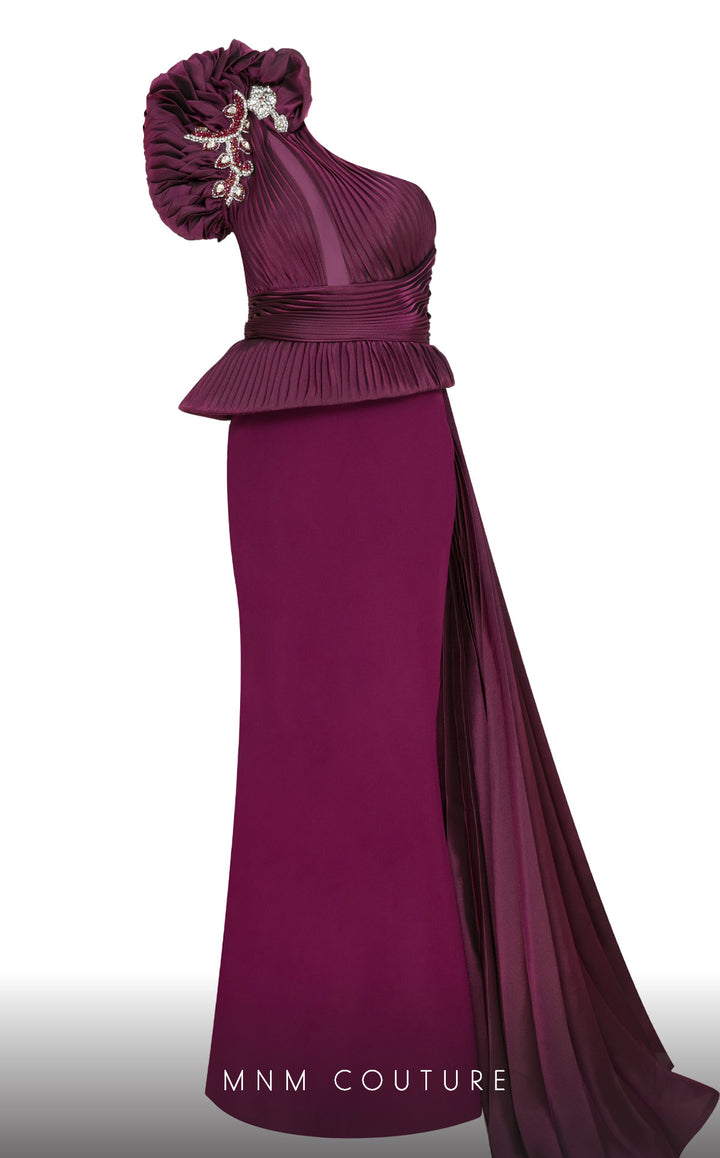 Fouad Sarkis 2799A one-shoulder pleated peplum column gown front view in a second alternate colorway