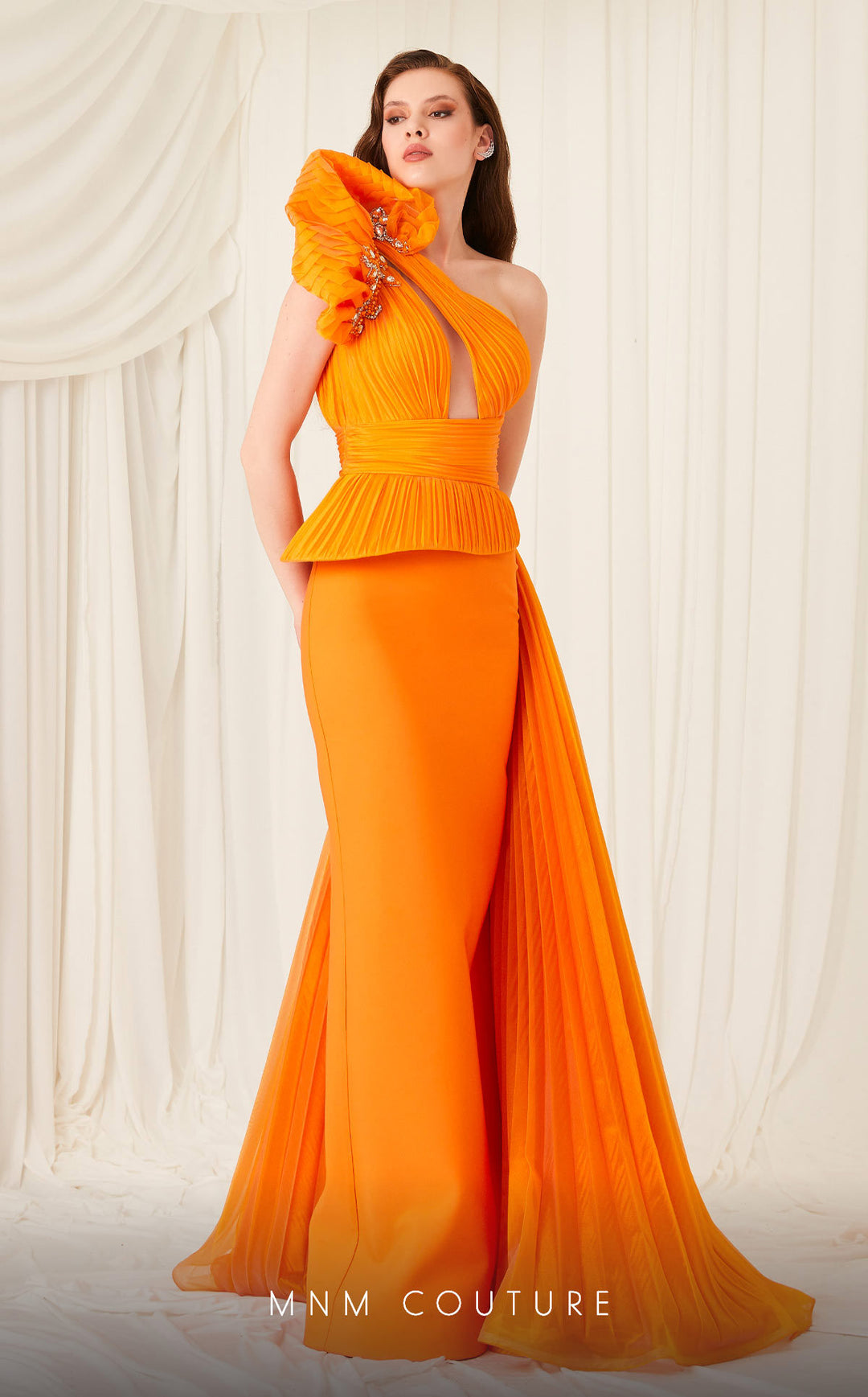 Fouad Sarkis 2799A one-shoulder pleated peplum column gown three-quarter front view