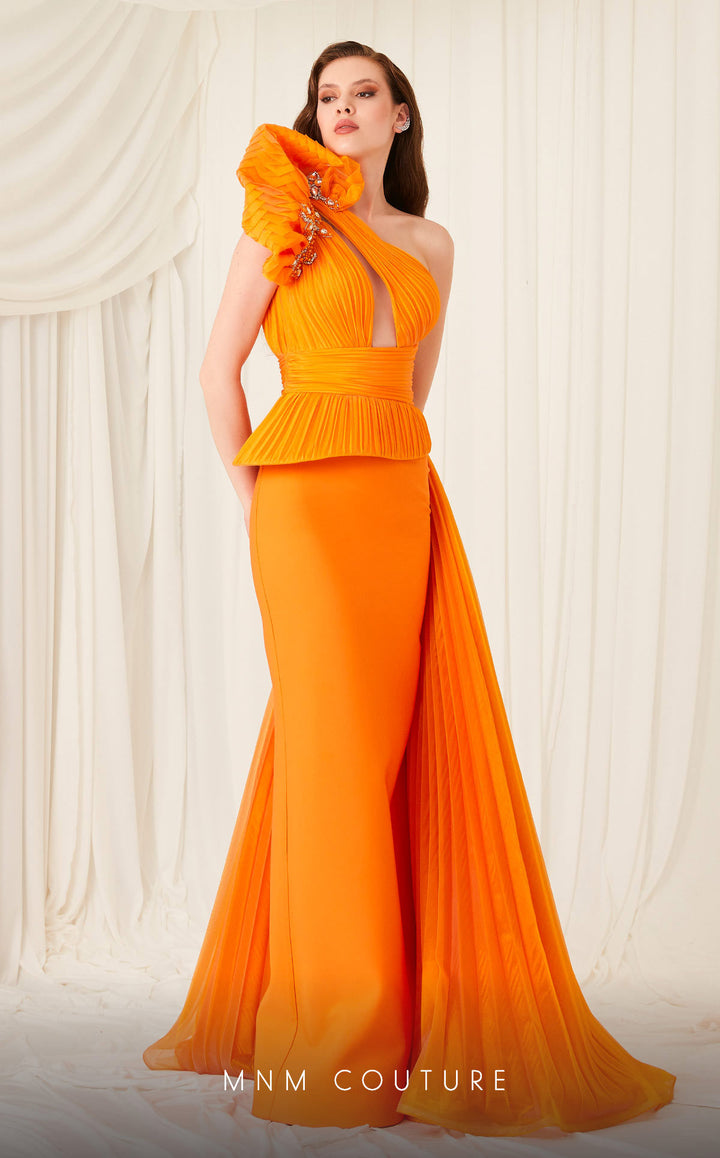 Fouad Sarkis 2799A one-shoulder pleated peplum column gown three-quarter front view