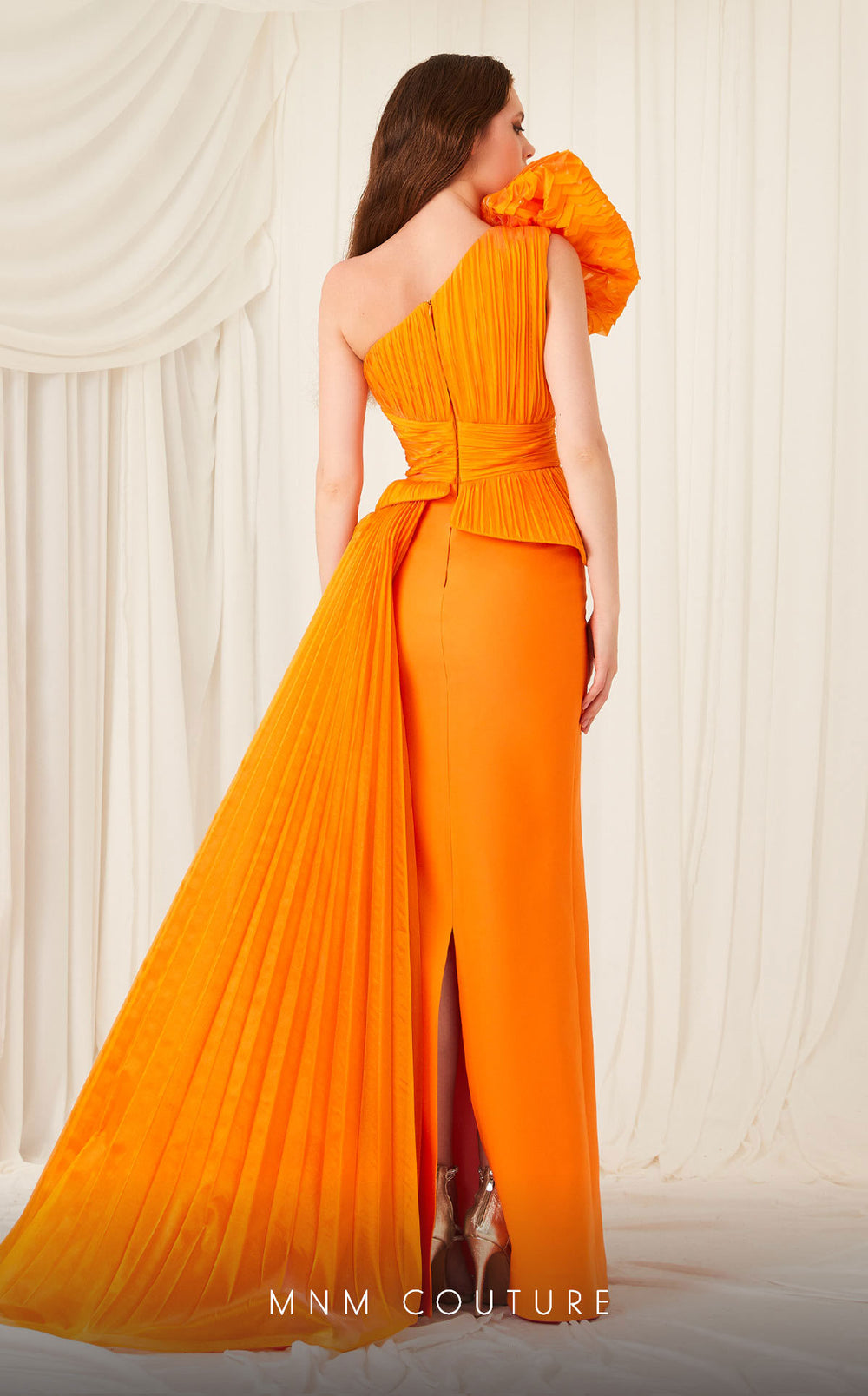 Fouad Sarkis 2799A one-shoulder pleated peplum column gown back view