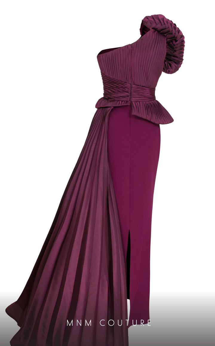Fouad Sarkis 2799A one-shoulder pleated peplum column gown back view in a second alternate colorway