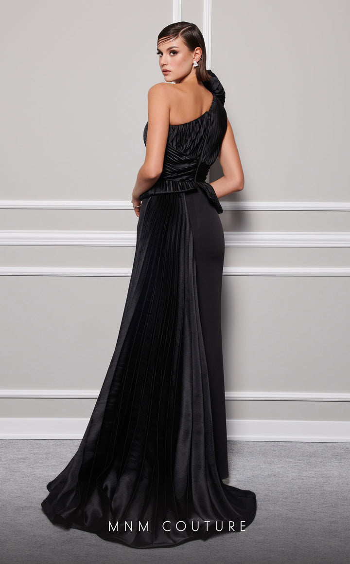 Fouad Sarkis 2799A one-shoulder pleated peplum column gown back view in an alternate colorway