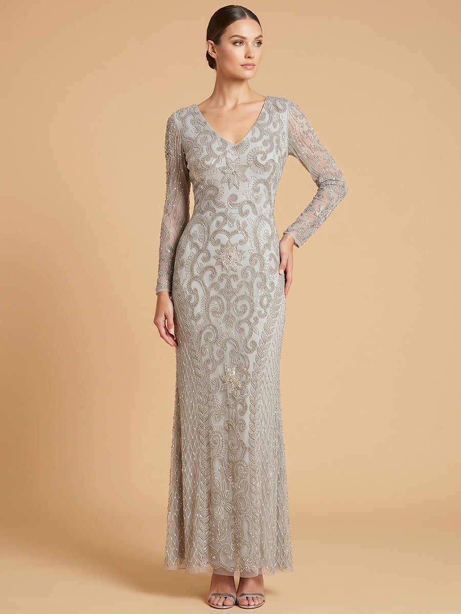 Lara 28836 Long Sleeve V-Neck Beaded Gown