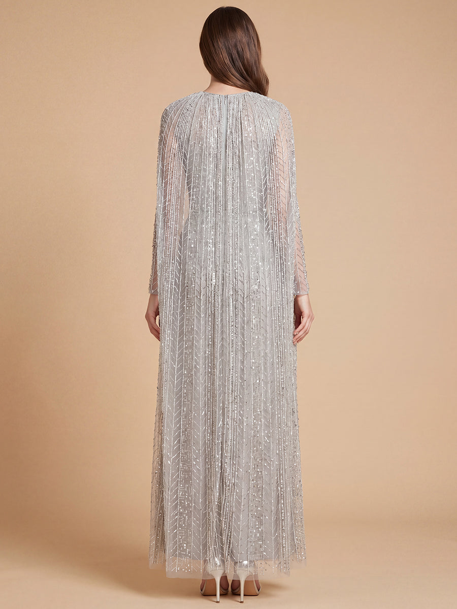 Lara 28837 High Neck Linear Beaded Dress with Long Cape