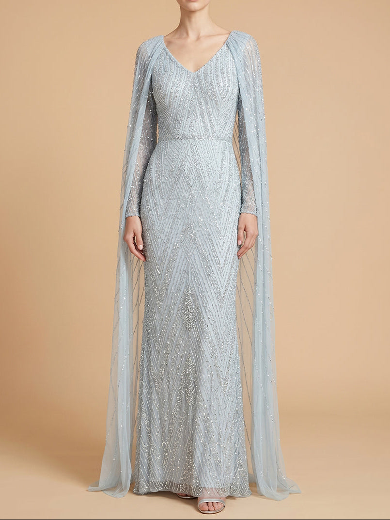 Lara 28839 V-Neck Beaded Dress with Long Cape