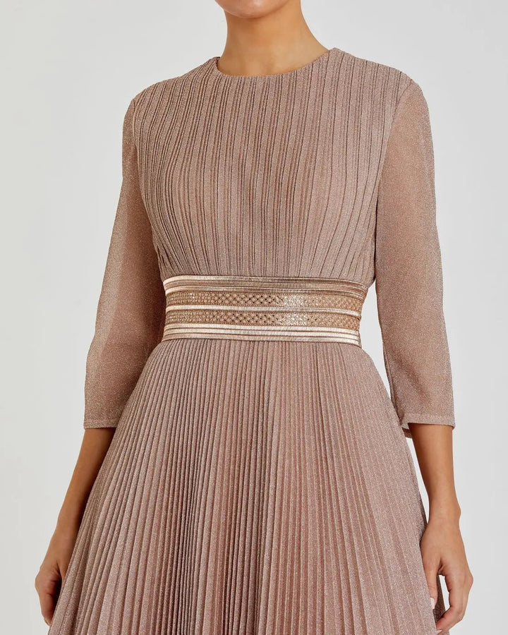 Pink Shimmering Pleated  3/4 Sleeve Ball Gown - FOSTANI.com