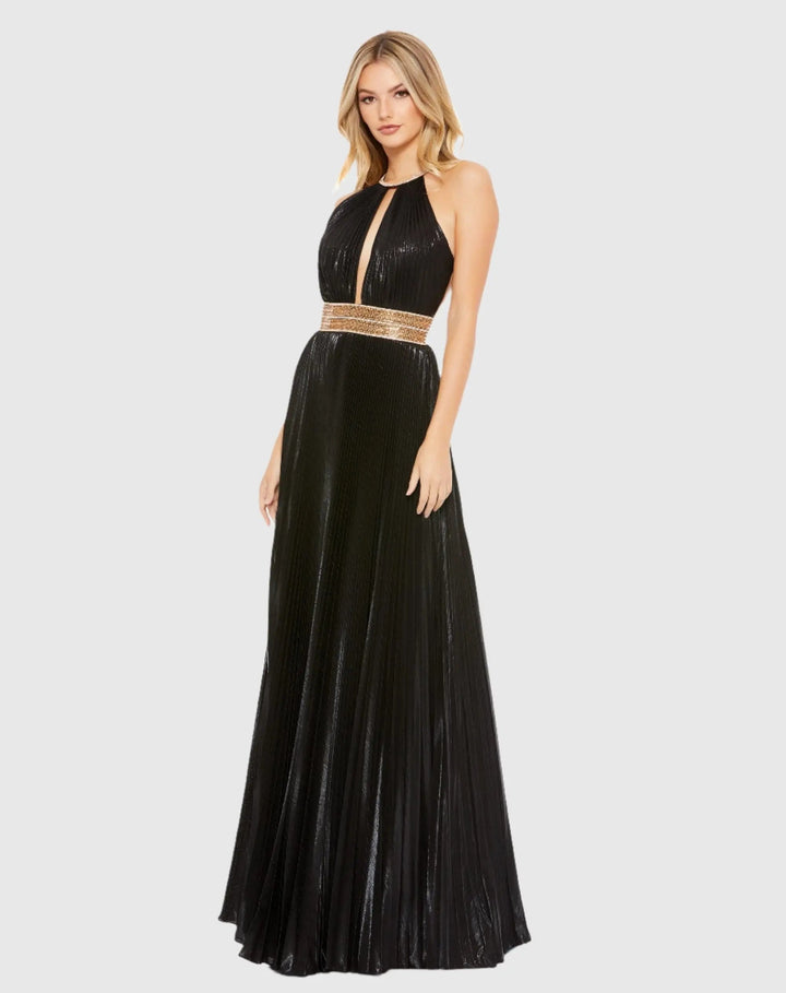 Mac Duggal 30722 Pleated Embellished Halter Open Back Gown