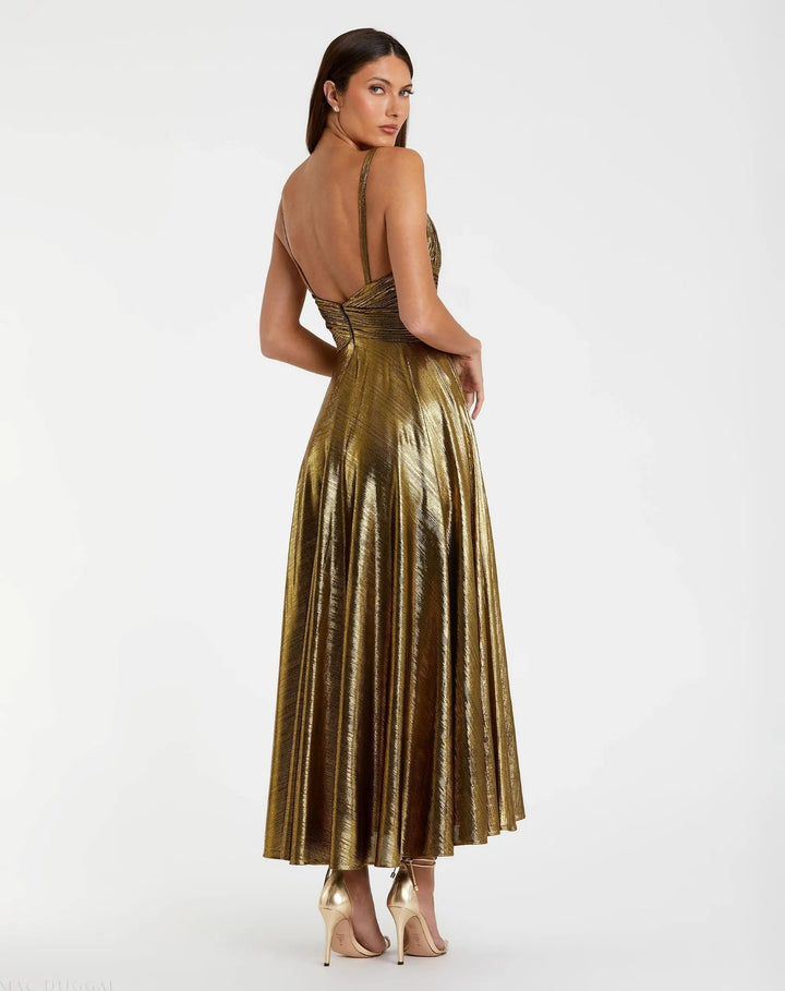 Mac Duggal 30761 Sleeveless V Neck Pleated Top Metallic Dress