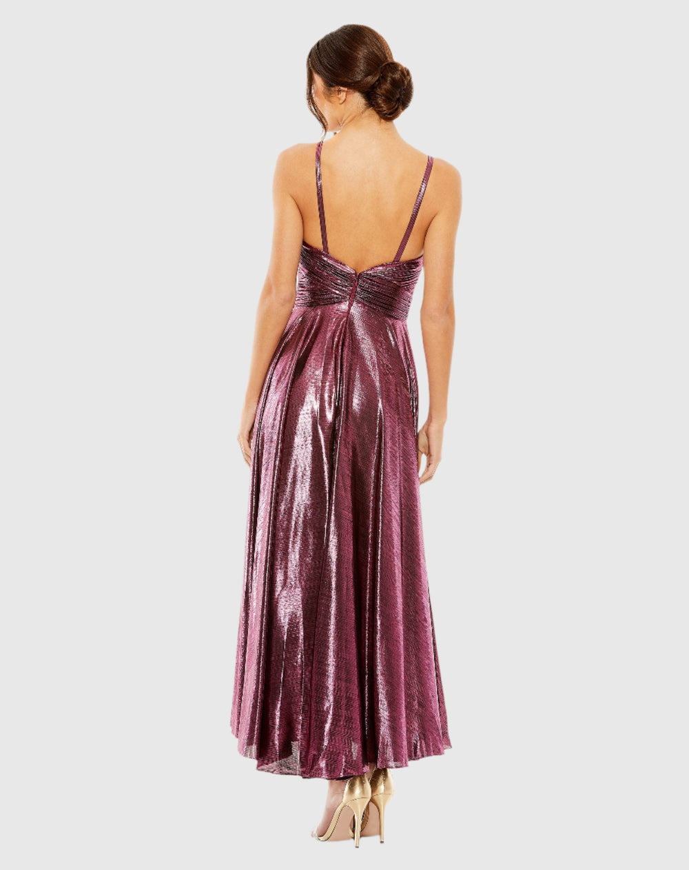 Mac Duggal 30761 Sleeveless V Neck Pleated Top Metallic Dress
