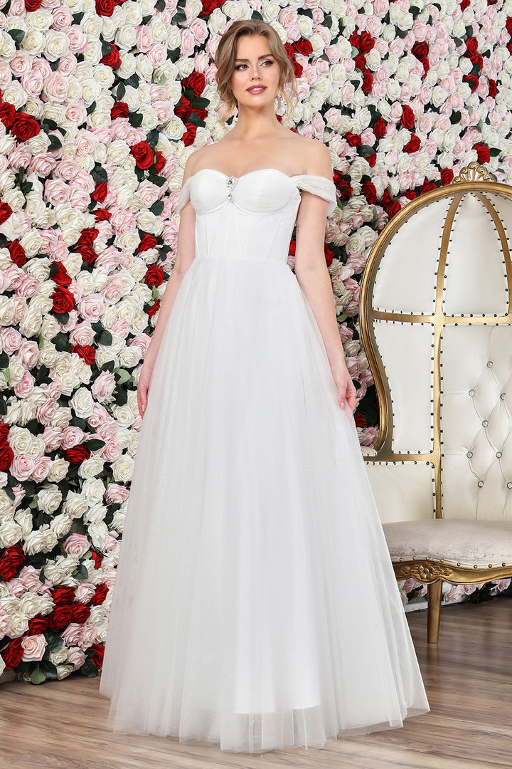 Adora 3244-01 off-shoulder corset A-line bridal gown front view