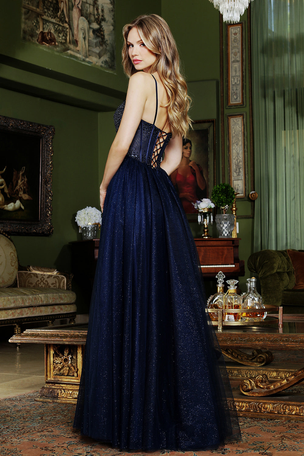Adora 3402 glitter corset ballgown prom dress back view with lace-up back