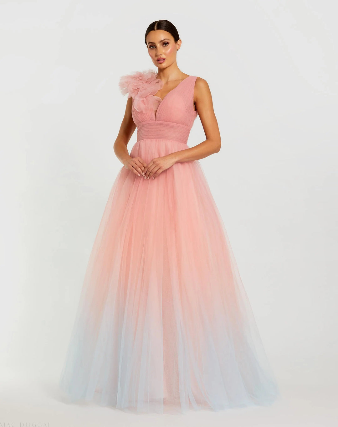 Mac Duggal 37001 Ruffle Shoulder V Neck Ombre Tulle Ball Gown