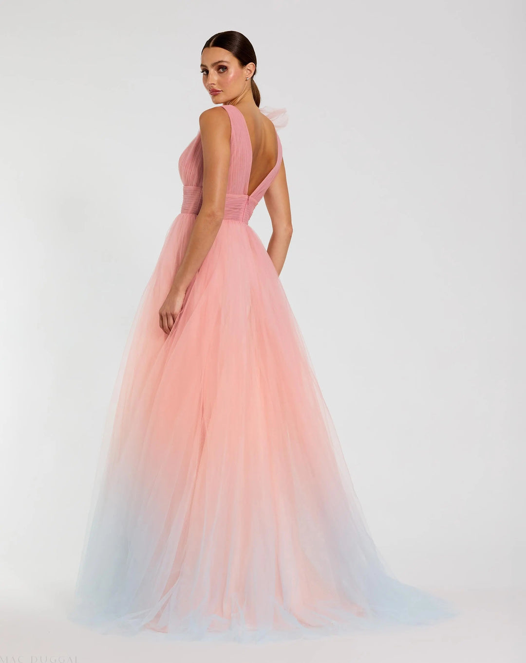 Mac Duggal 37001 Ruffle Shoulder V Neck Ombre Tulle Ball Gown