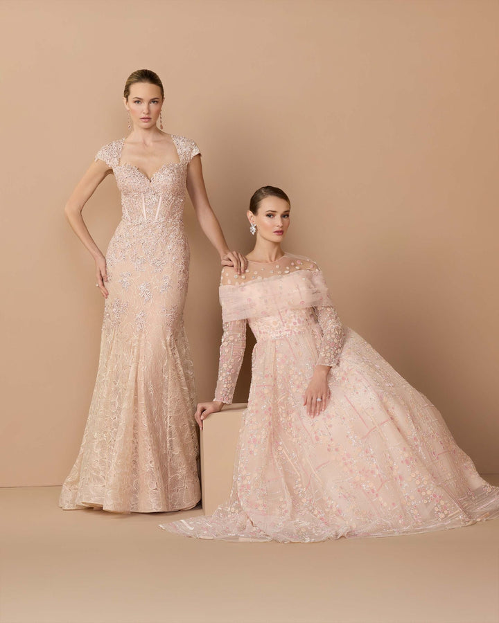 Pink Embroidered Lace Mermaid Gown With Cap Sleeves - FOSTANI.com