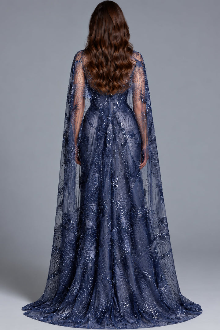 Jovani 39214 Strapless Beaded Cape Mermaid Gown back view