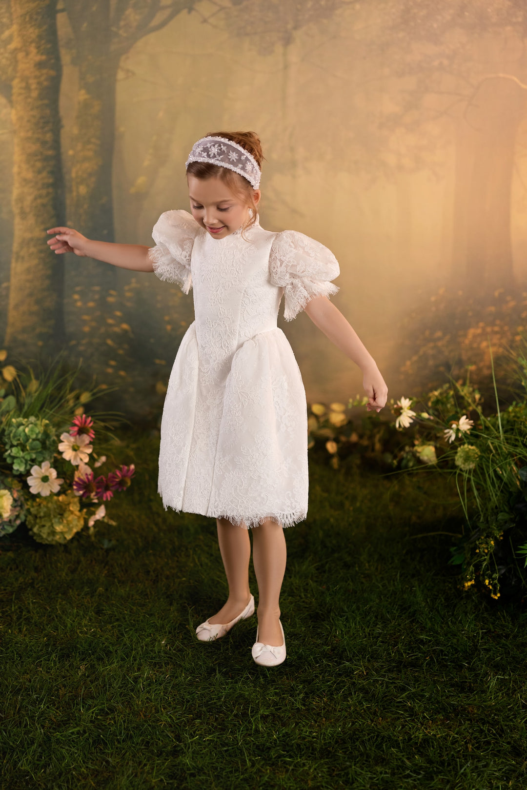 Pentelei 3939 Floral Lace Puff Sleeve Kids Dress