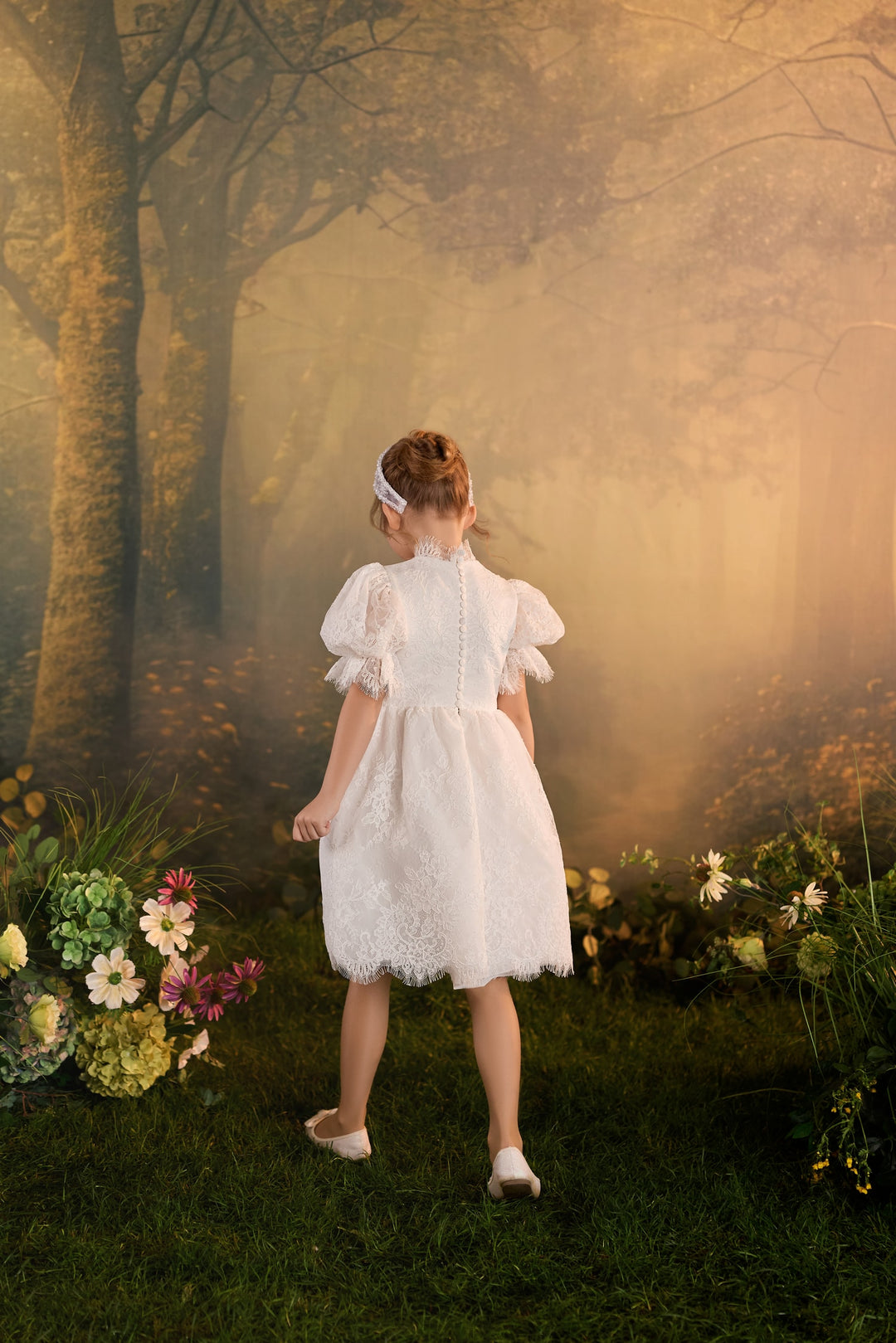 Pentelei 3939 Floral Lace Puff Sleeve Kids Dress
