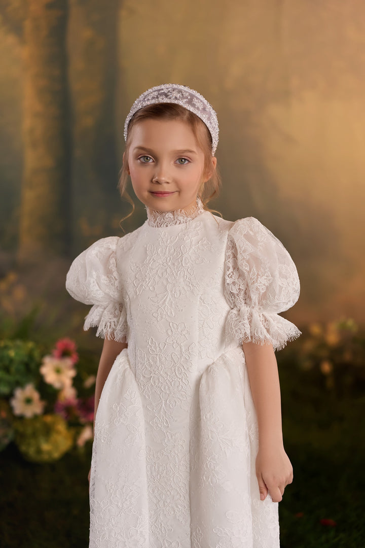 Pentelei 3939 Floral Lace Puff Sleeve Kids Dress