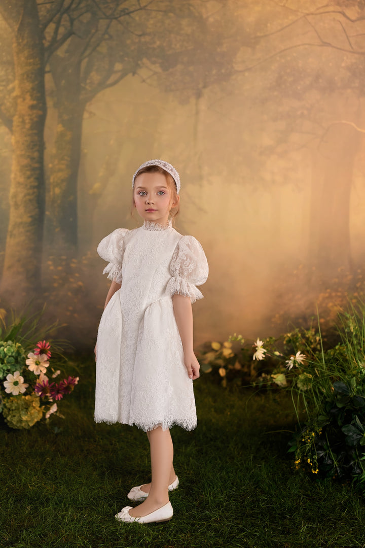 Pentelei 3939 Floral Lace Puff Sleeve Kids Dress