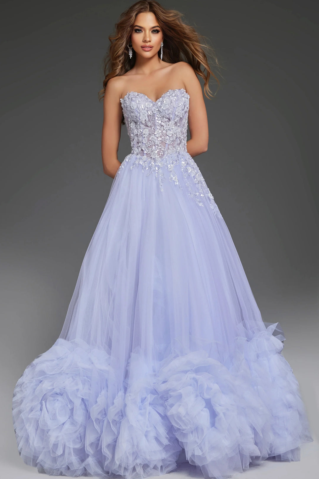 Jovani 40170 Strapless Tulle Ball Gown with 3D Floral Details