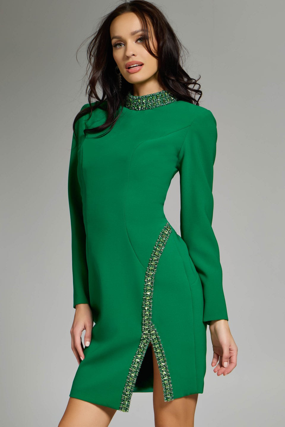 Jovani 42008 Embellished High-Neck Long Sleeve Cocktail Dress