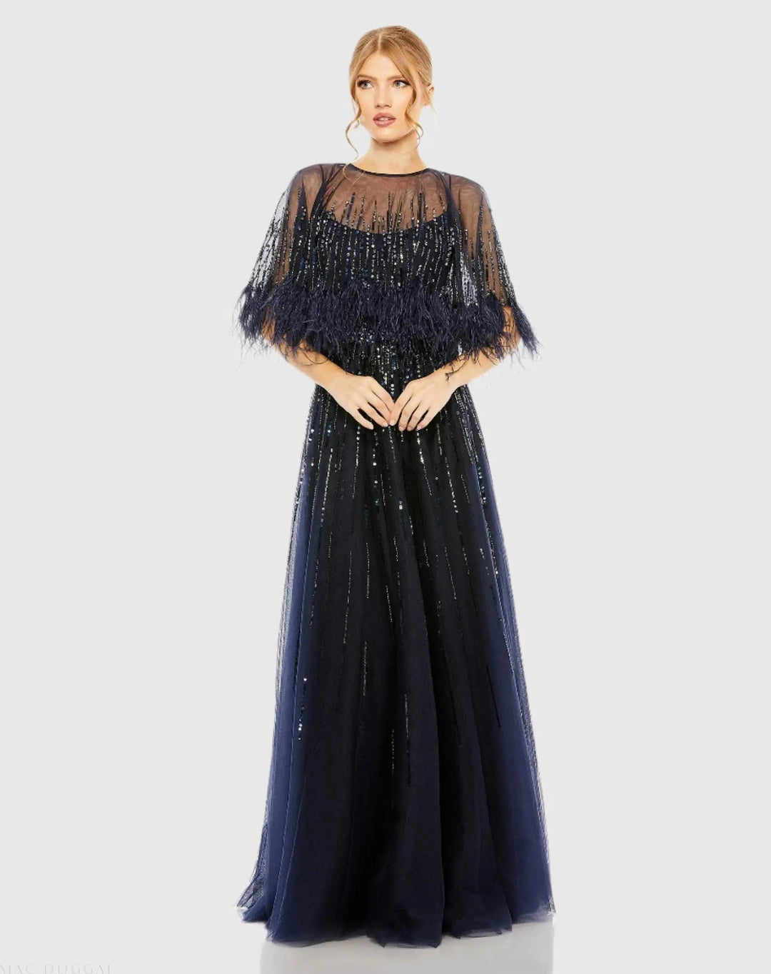 Mac Duggal 42098 Embellished A Line Gown with Feather Detail Cape