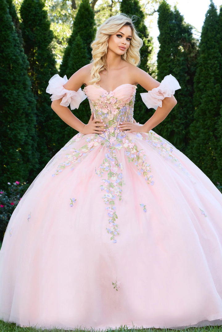 Jovani Q43231 Off The Shoulder Ball Gown with 3D Floral Applique