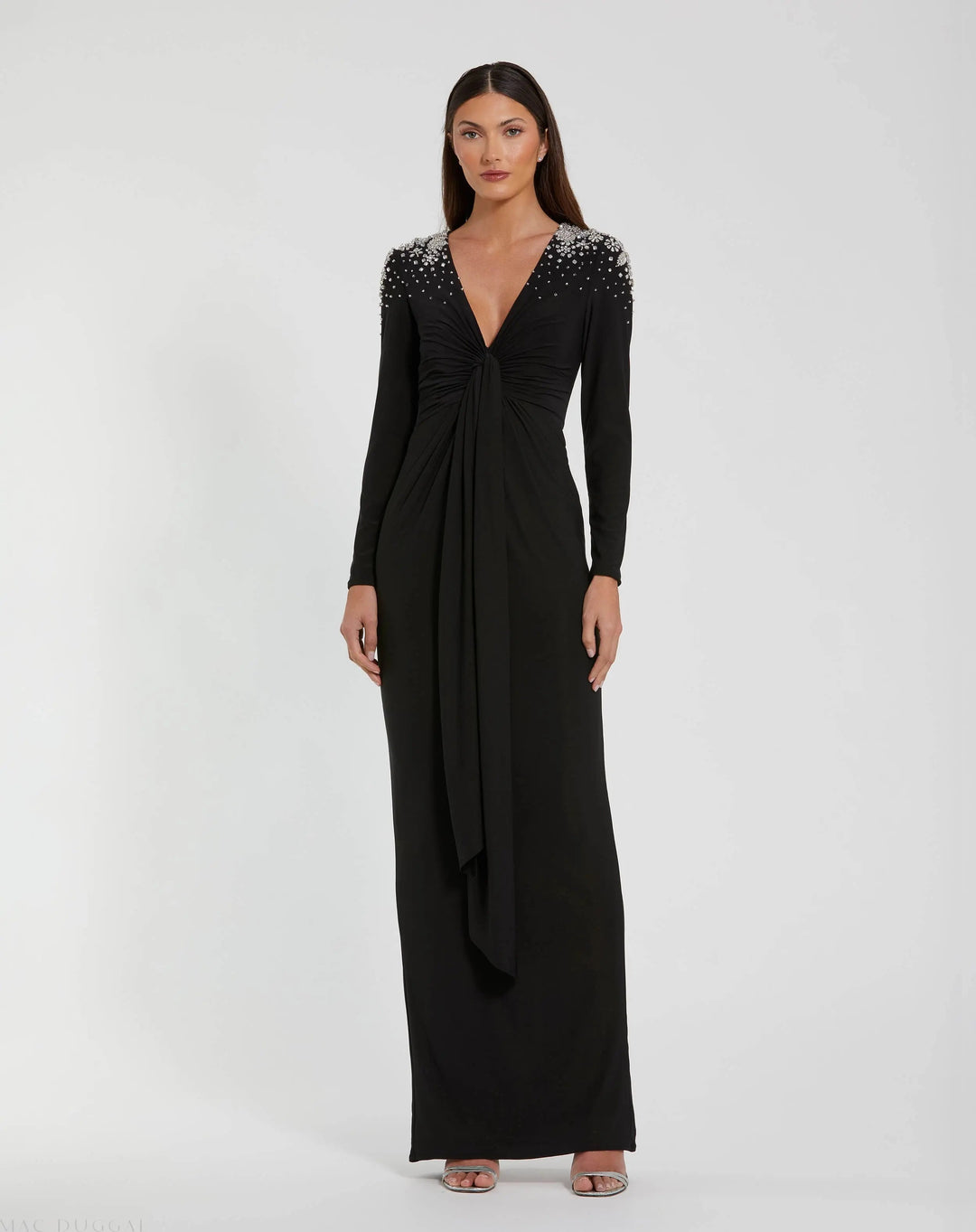 Mac Duggal 44063 Jersey V-Neck Faux Knot Gown with Beaded Shoulders