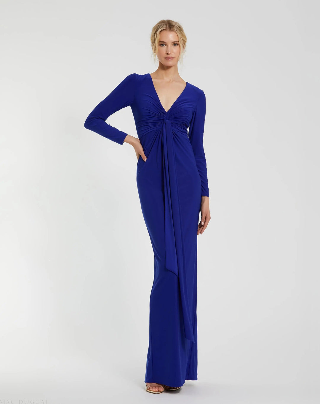 Mac Duggal 44064 Long Sleeve Jersey V Neck Twist Knot Gown