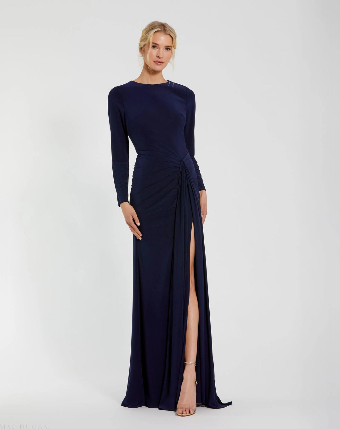 Mac Duggal 44070 Long Sleeve Fitted Jersey Gown With Ruched Waist