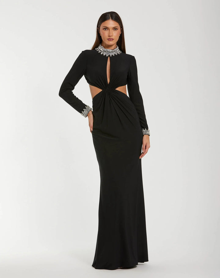 Mac Duggal 44155 Embellished Jersey Long Sleeve Cut Out Evening Gown