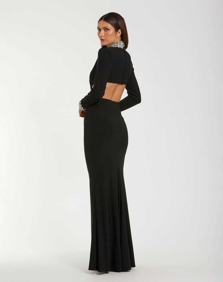 Mac Duggal 44155 Embellished Jersey Long Sleeve Cut Out Evening Gown