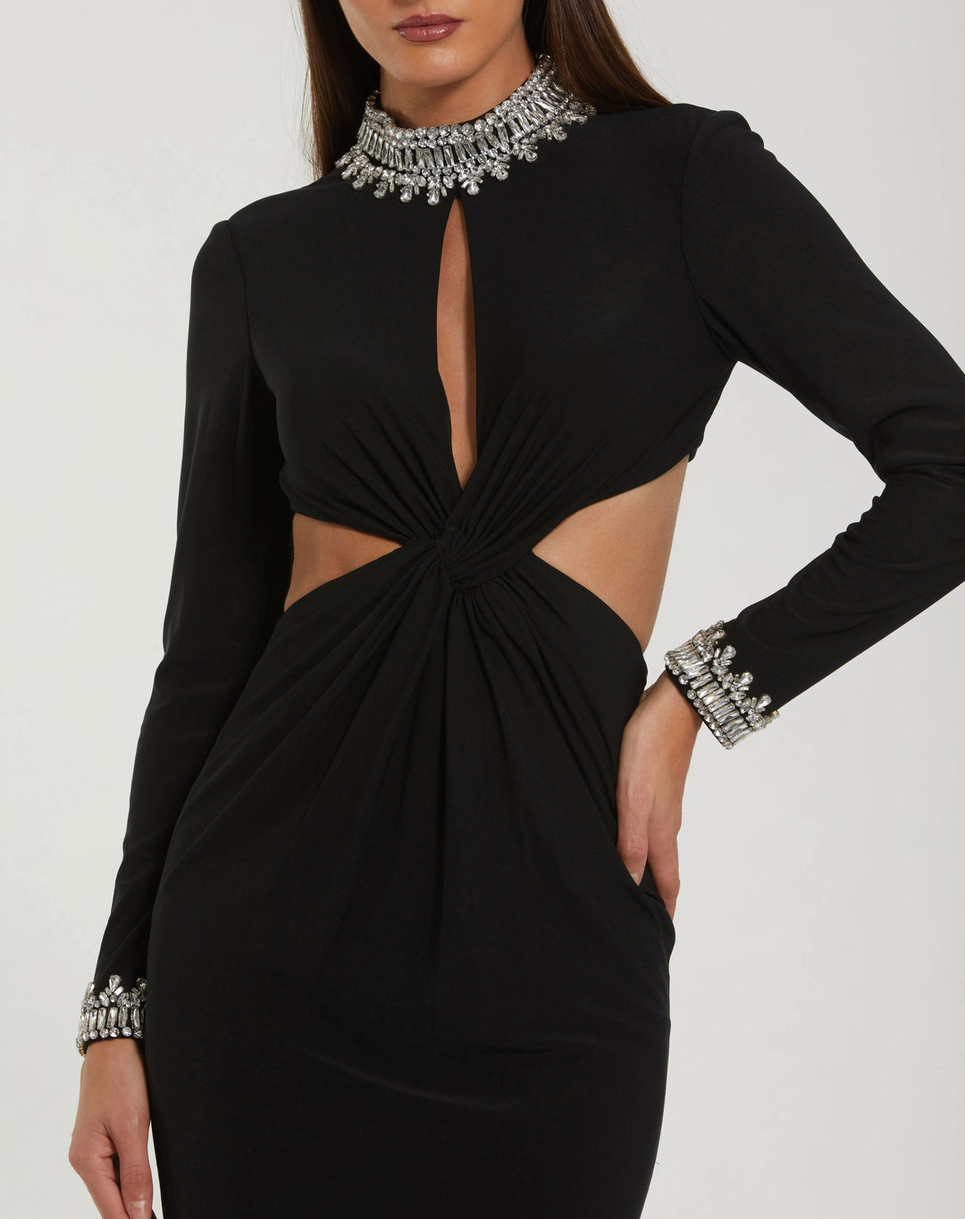 Mac Duggal 44155 Embellished Jersey Long Sleeve Cut Out Evening Gown