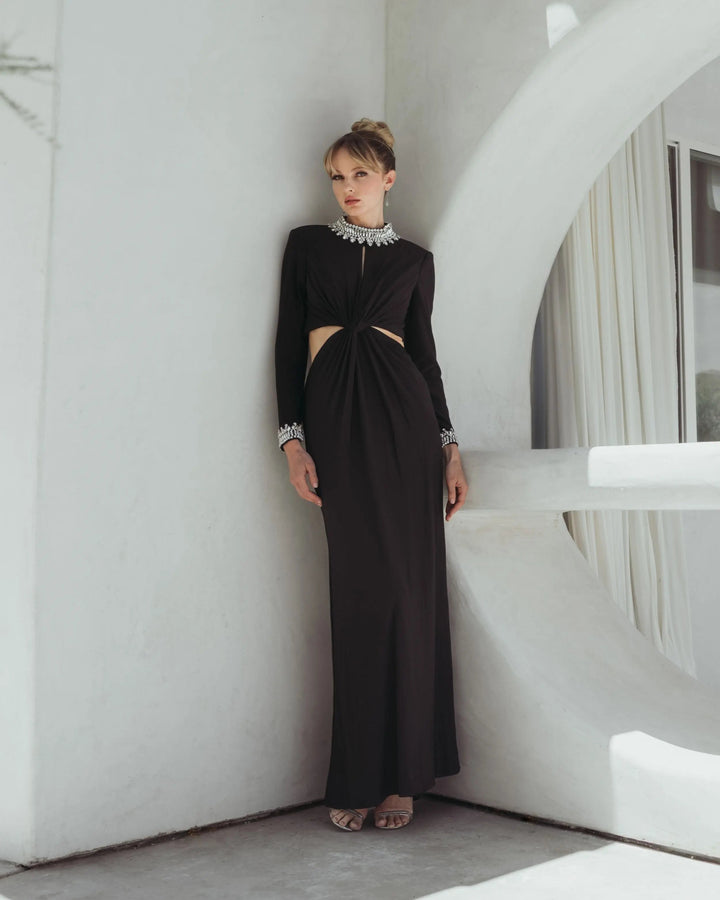 Mac Duggal 44155 Embellished Jersey Long Sleeve Cut Out Evening Gown