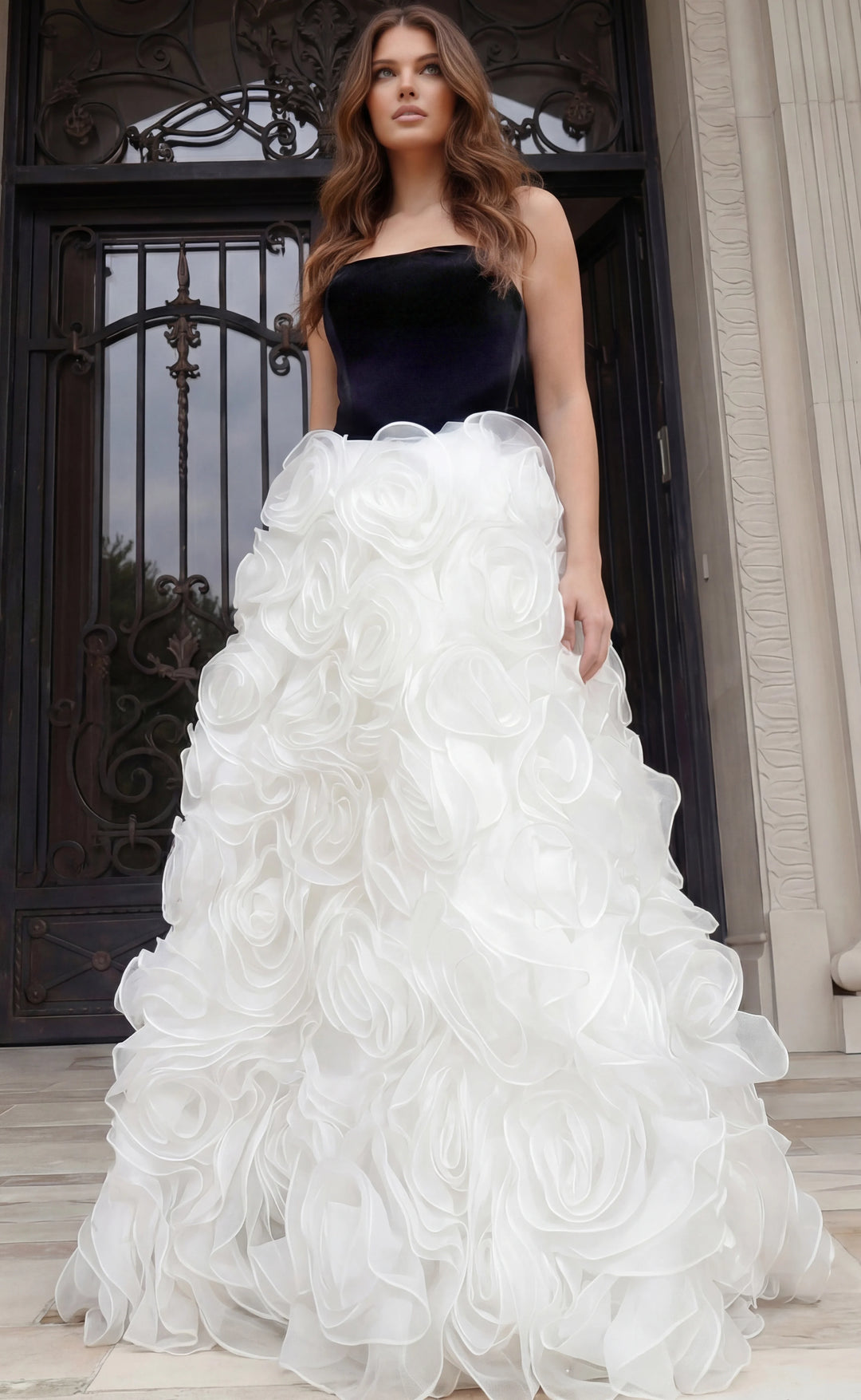 Jovani 45883 Strapless Gown With Sculpted Rosette Skirt