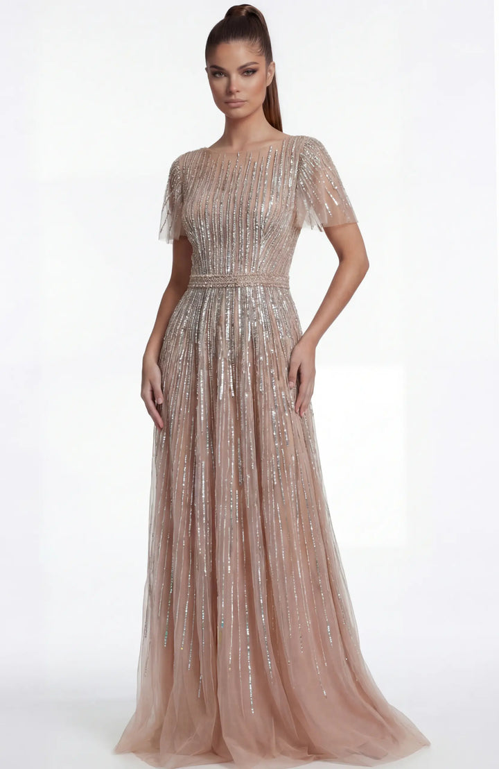 Jovani 46063 embellished A-line gown with flutter sleeves front view