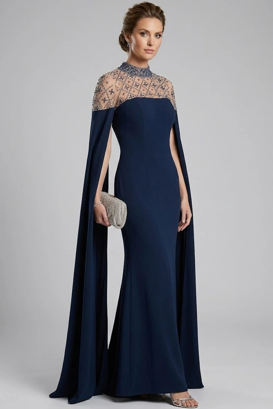 Jovani 46522 high neck column gown with cape sleeves front view