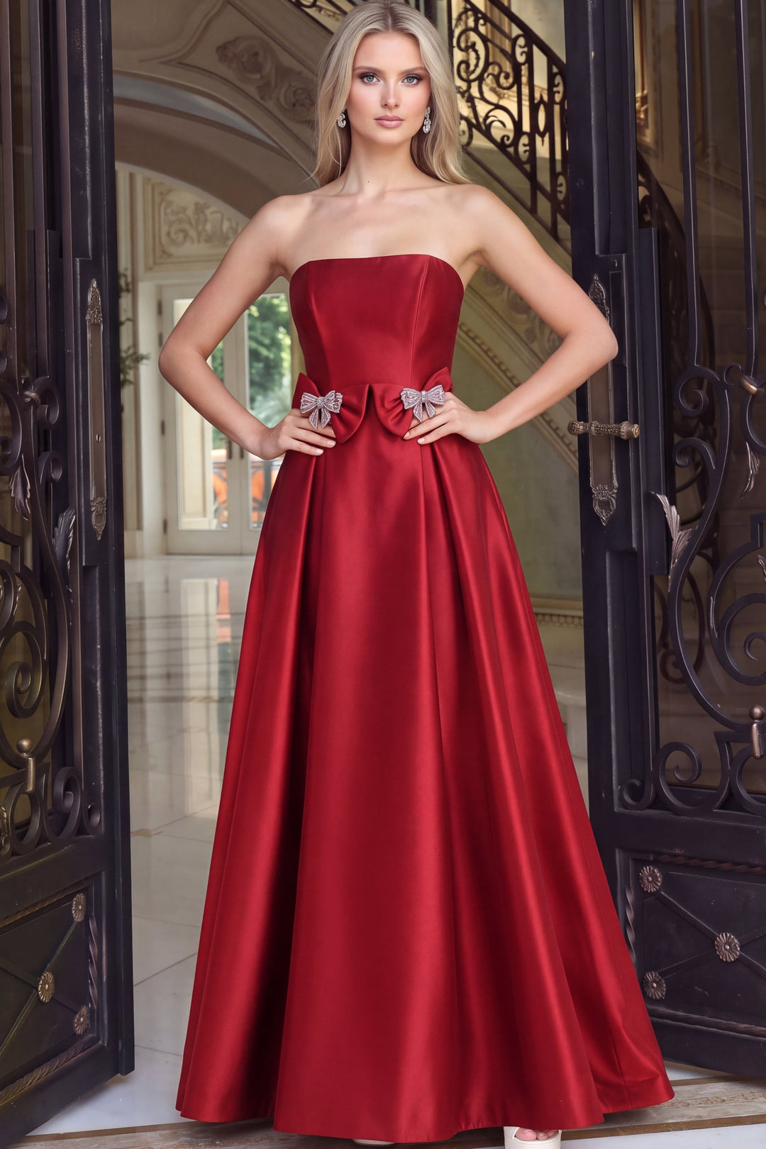 Jovani 47594 Strapless Crystal Bow Ball Gown Prom Dress front view