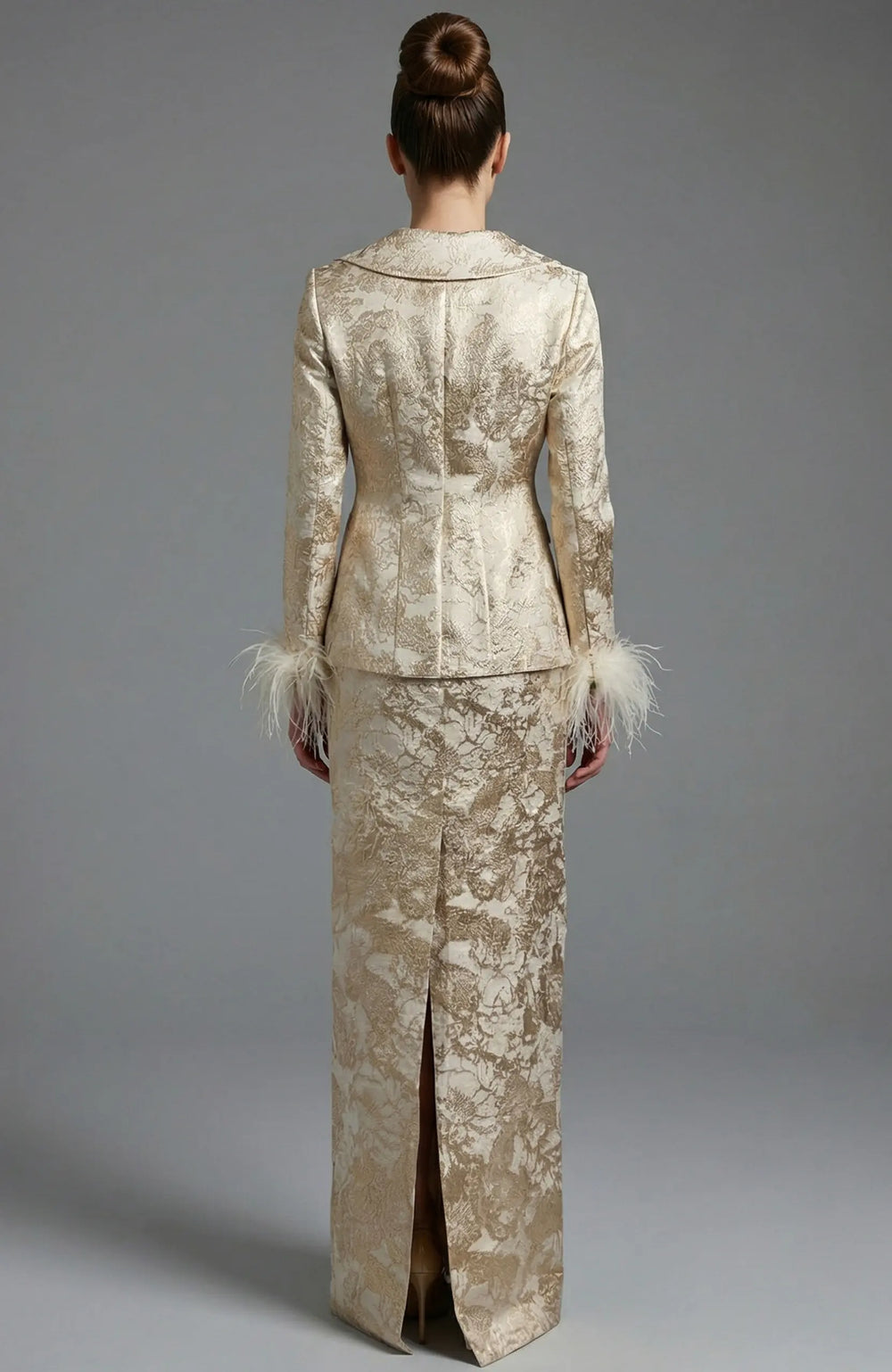 Jovani 48224 brocade jacket and column skirt ensemble view 2